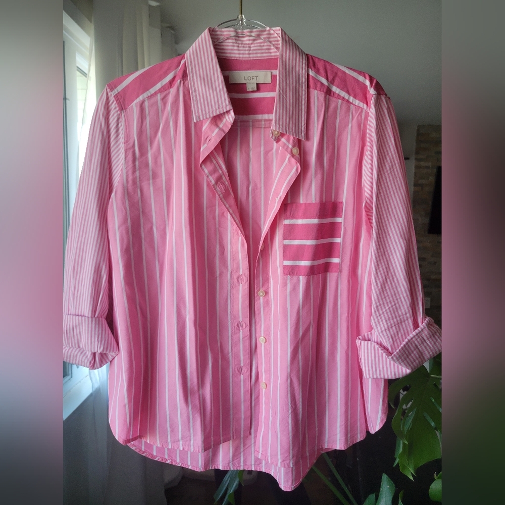 🎀LOFT Pink and White Striped Blouse